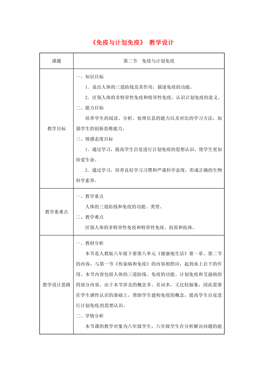 吉林省榆树市八年级生物下册 第八单元 第一章 第二节 免疫与计划免疫教案 新版新人教版_第1页