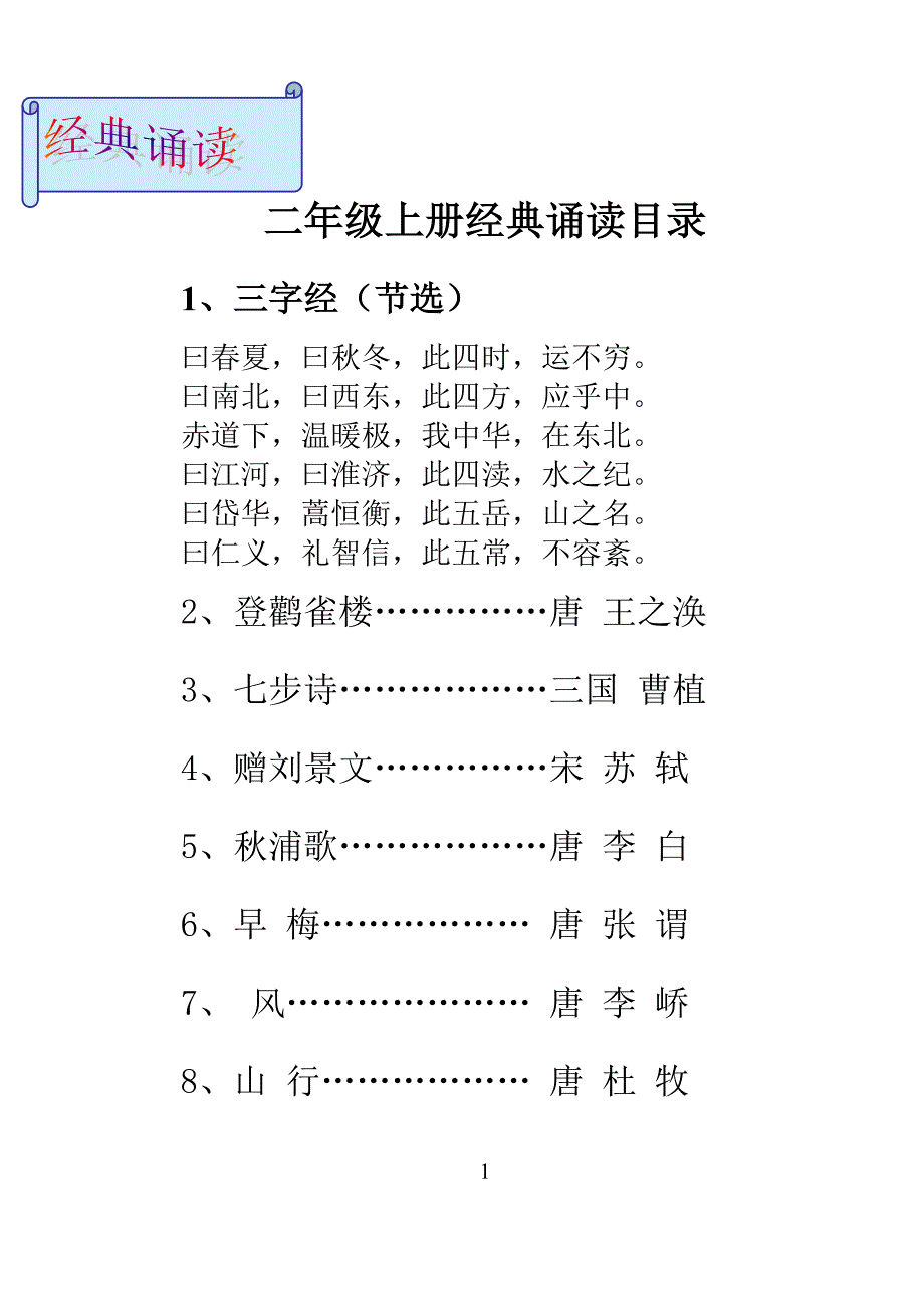 二年级上册经典诵读目录 （精选可编辑）.DOCX_第1页