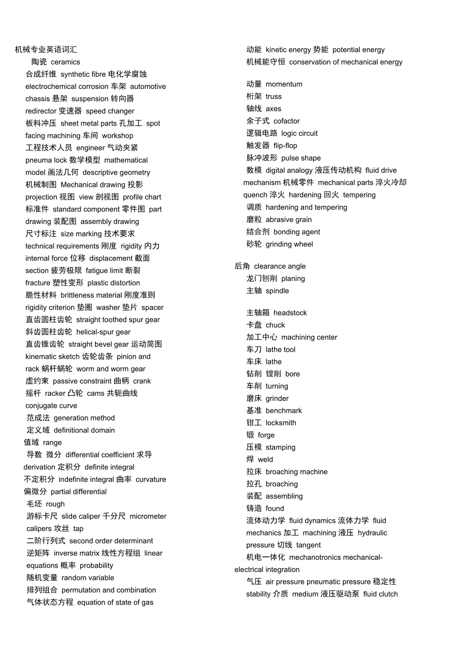机械专业中英文对照1_第1页
