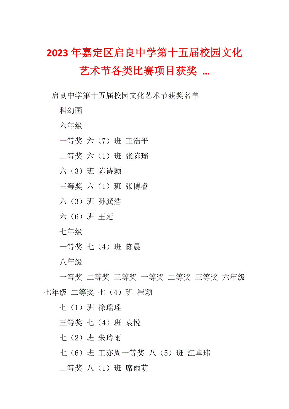 2023年嘉定区启良中学第十五届校园文化艺术节各类比赛项目获奖 …_第1页