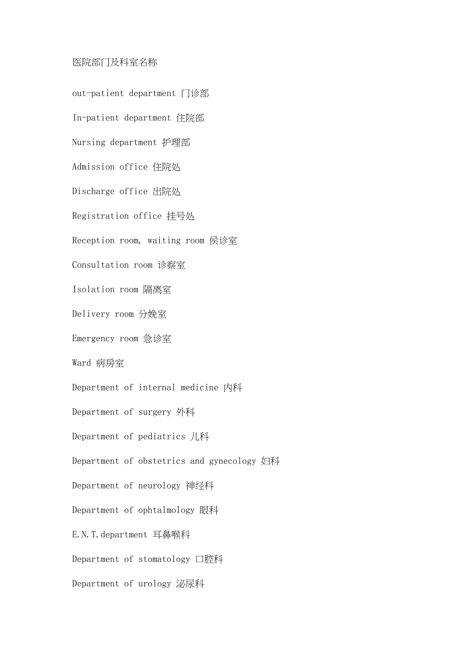 医院部门及科室名称(中英对照)_第1页