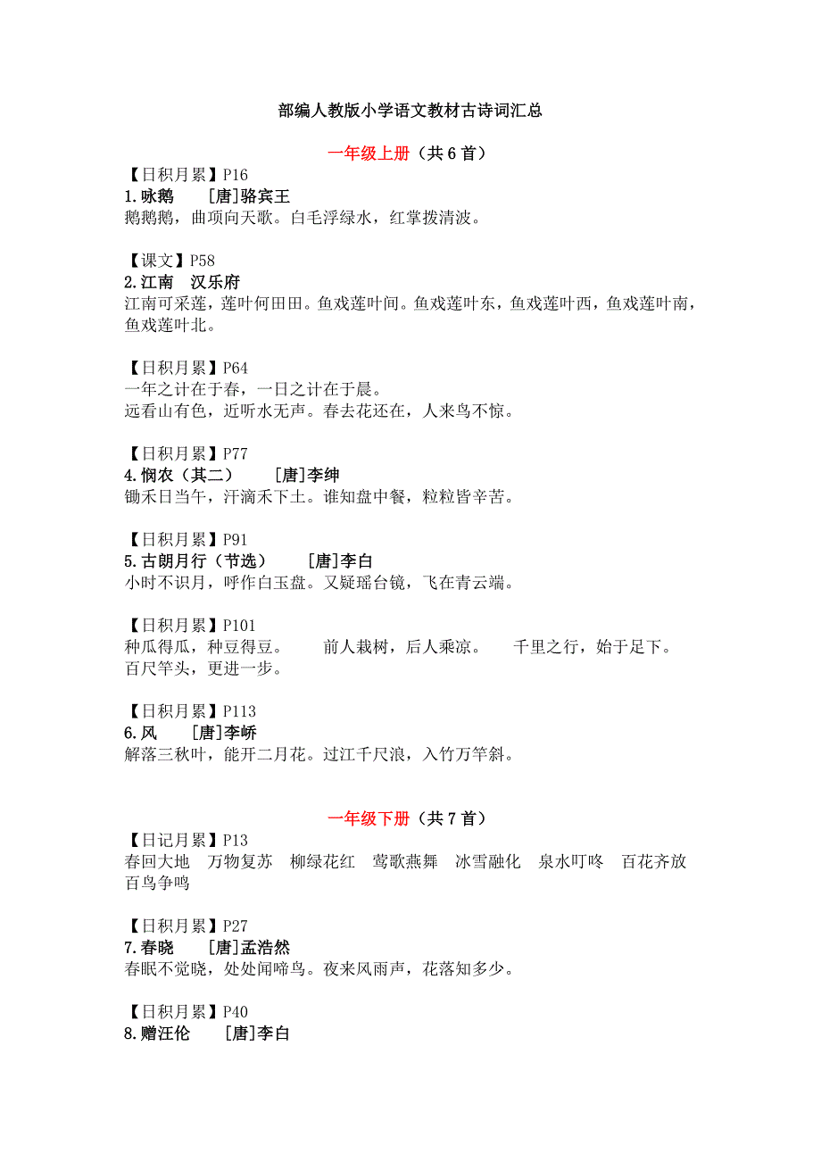 部编人教版小学语文教材古诗词汇总_第1页