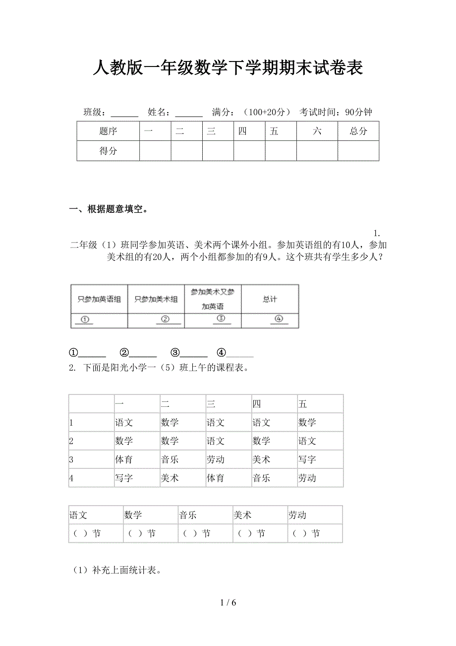 人教版一年级数学下学期期末试卷表_第1页