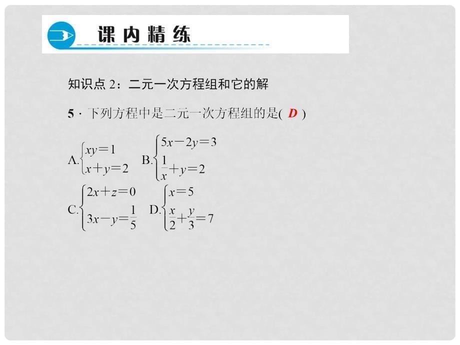 七年级数学下册 第7章 一次方程组 7.1 二元一次方程组和它的解习题课件 （新版）华东师大版_第5页