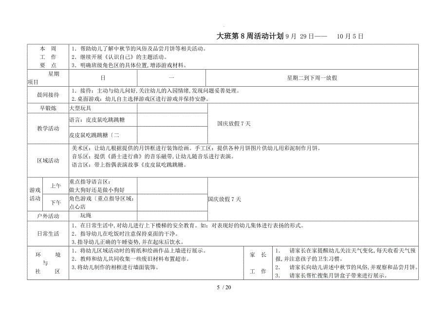 幼儿园大班周计划表秋季_第5页