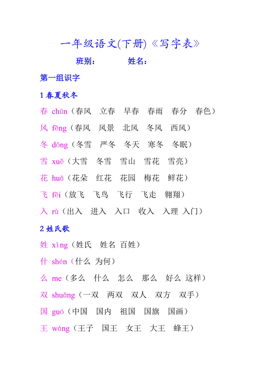 一年级语文下册写字表_第1页