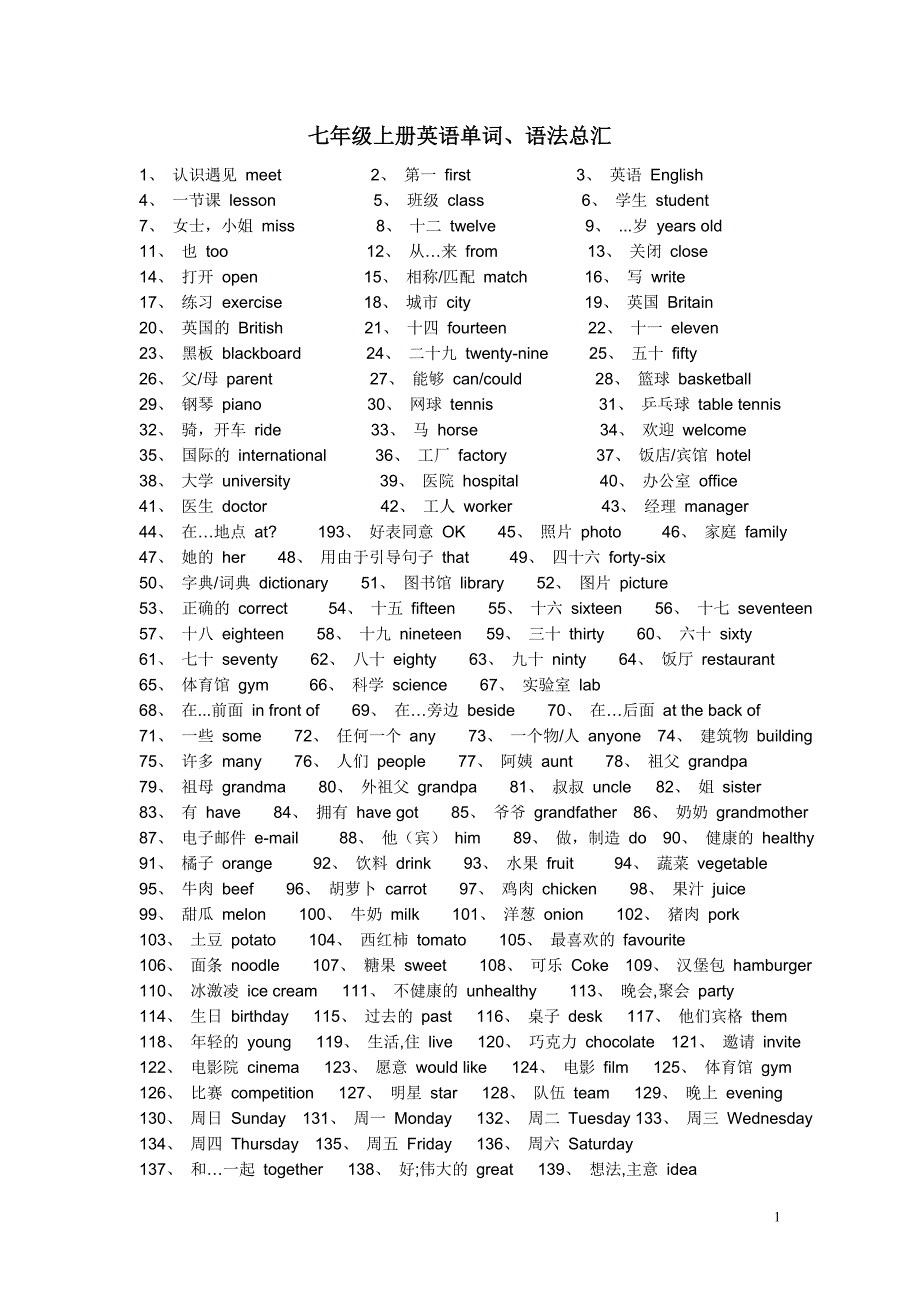 七年级上册英语单词语法总汇.doc_第1页