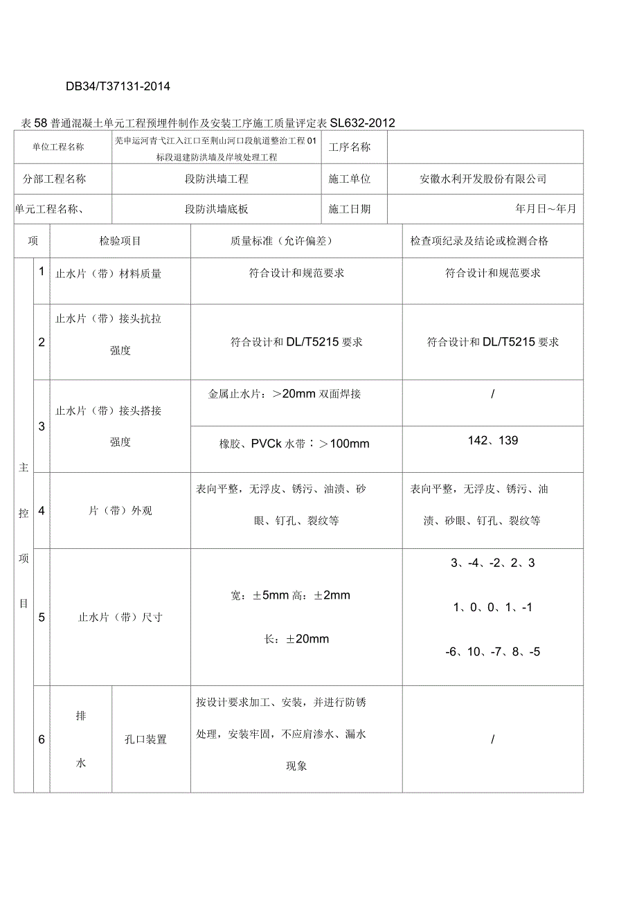 预埋件制作及安装工序施工质量验收评定表_第1页
