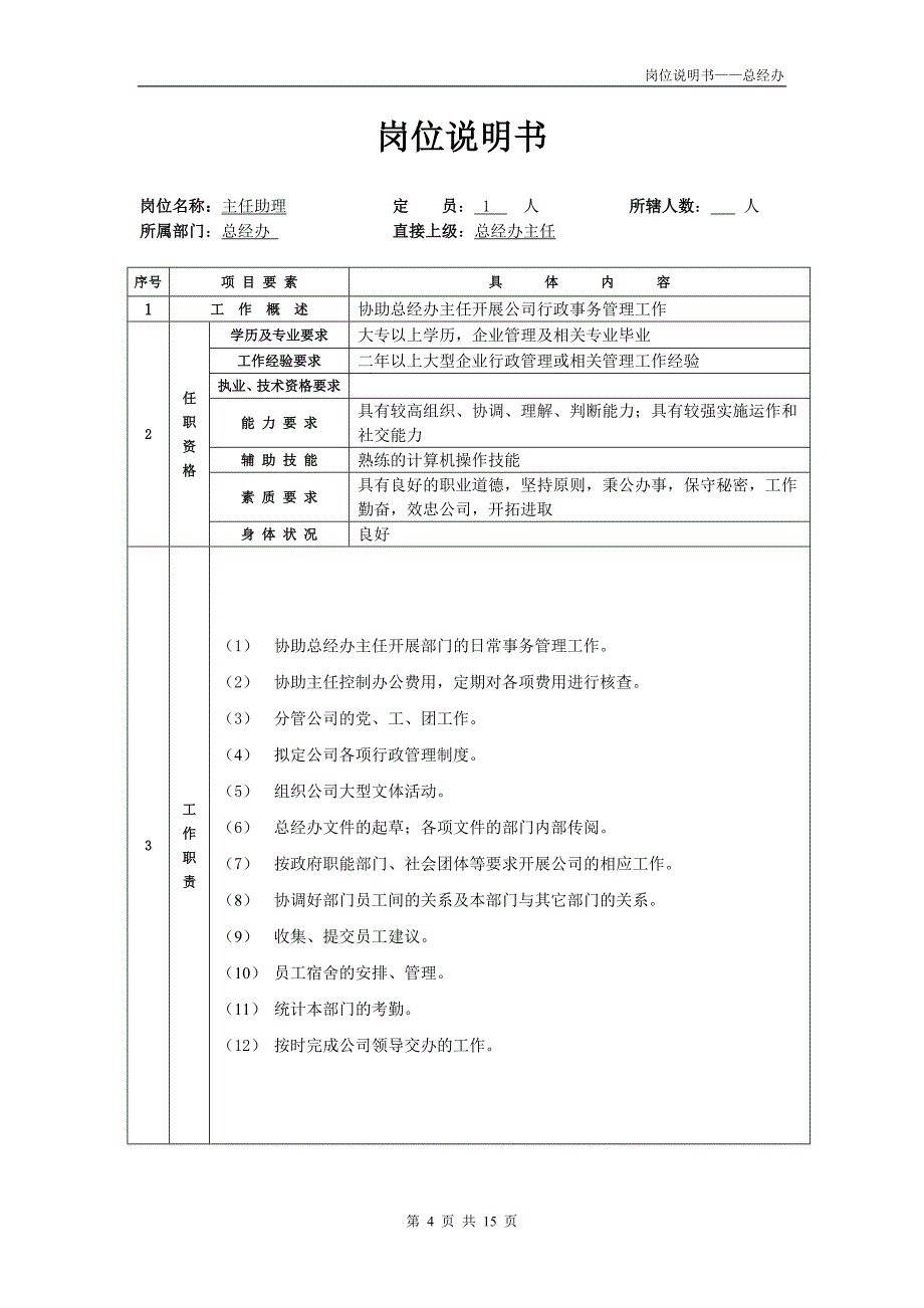 总经办部门职能以及岗位说明书.doc_第4页