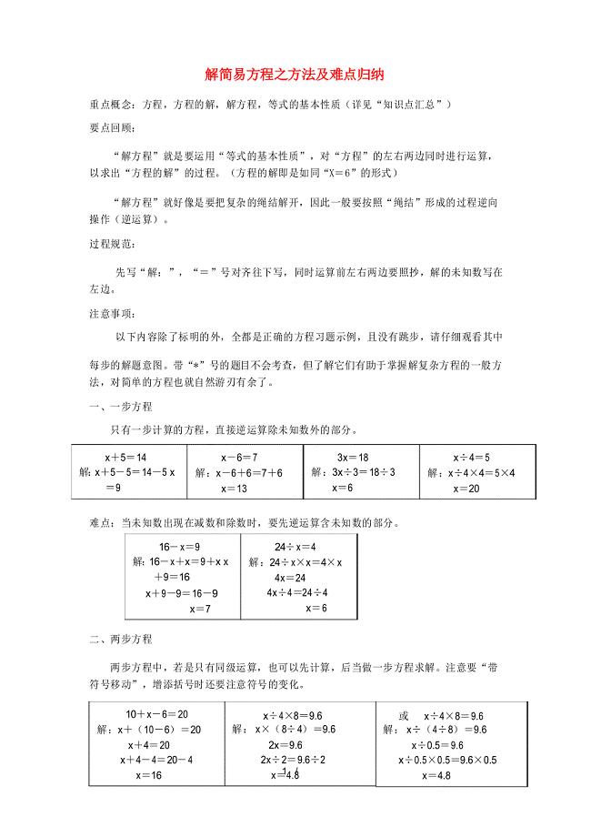 中方县一小五年级数学下册 五 方程 解简易方程之方法及难点归纳 西师大版