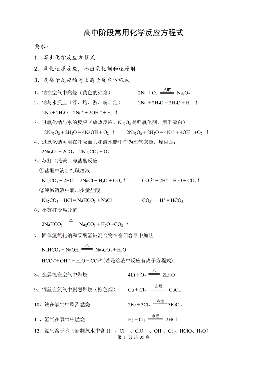 高中阶段常用化学反应方程式_第1页