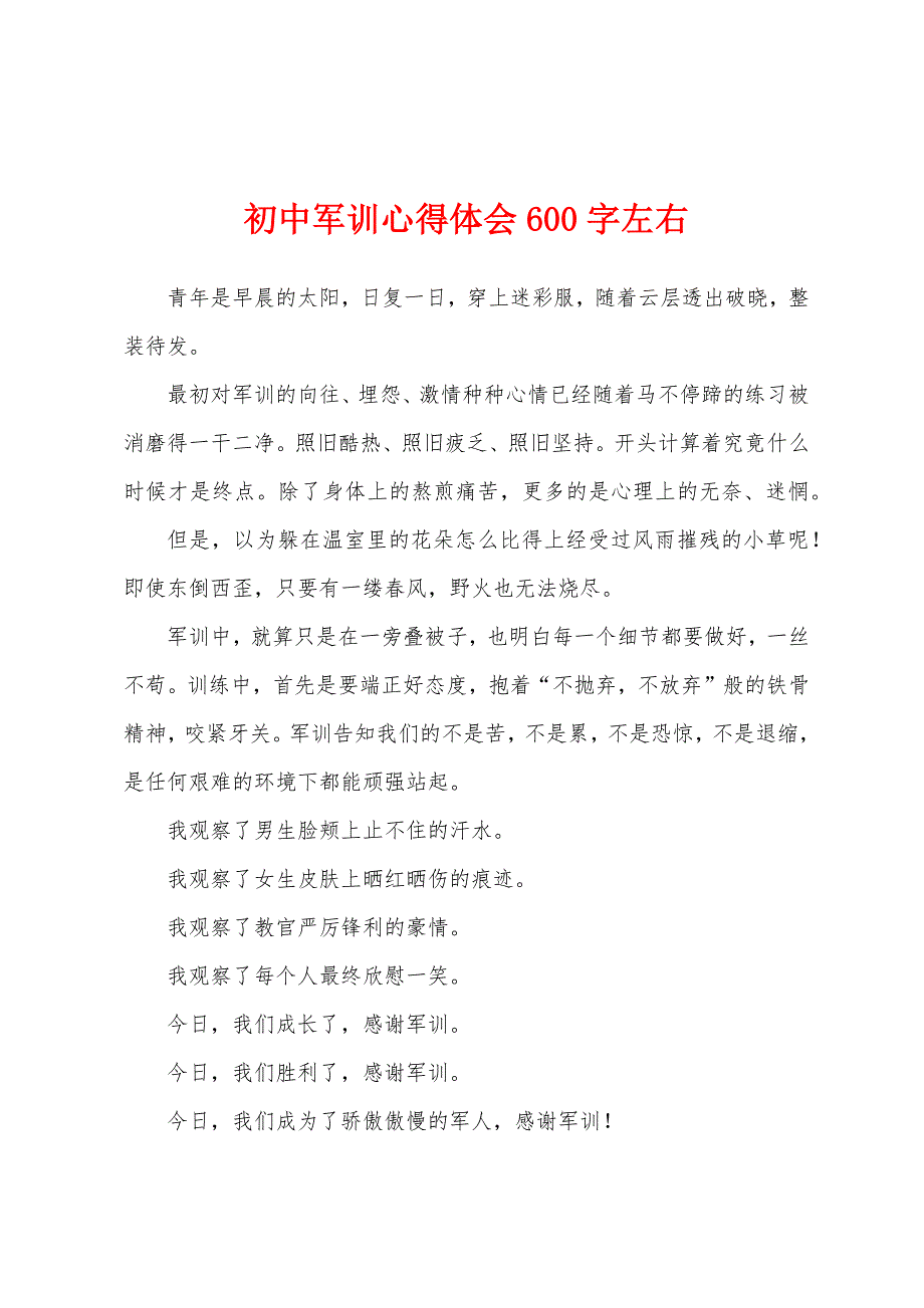 初中军训心得体会600字左右.docx_第1页