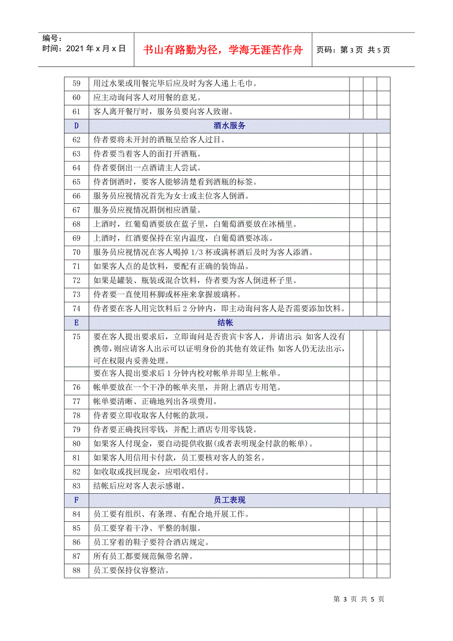 中餐正餐服务质量检查表_第3页