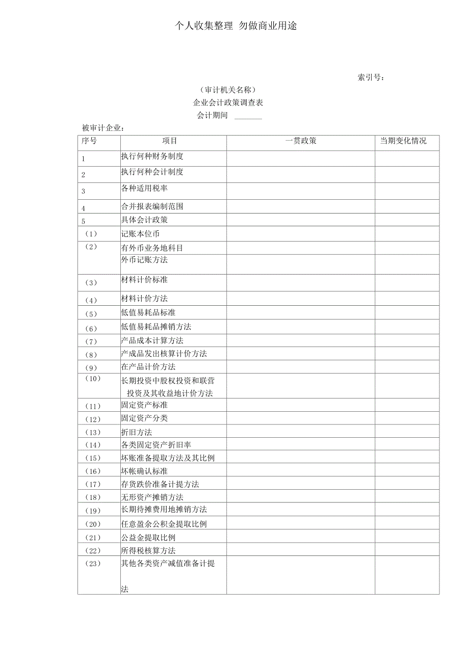 企业基本情况——企业会计政策调查表_第1页