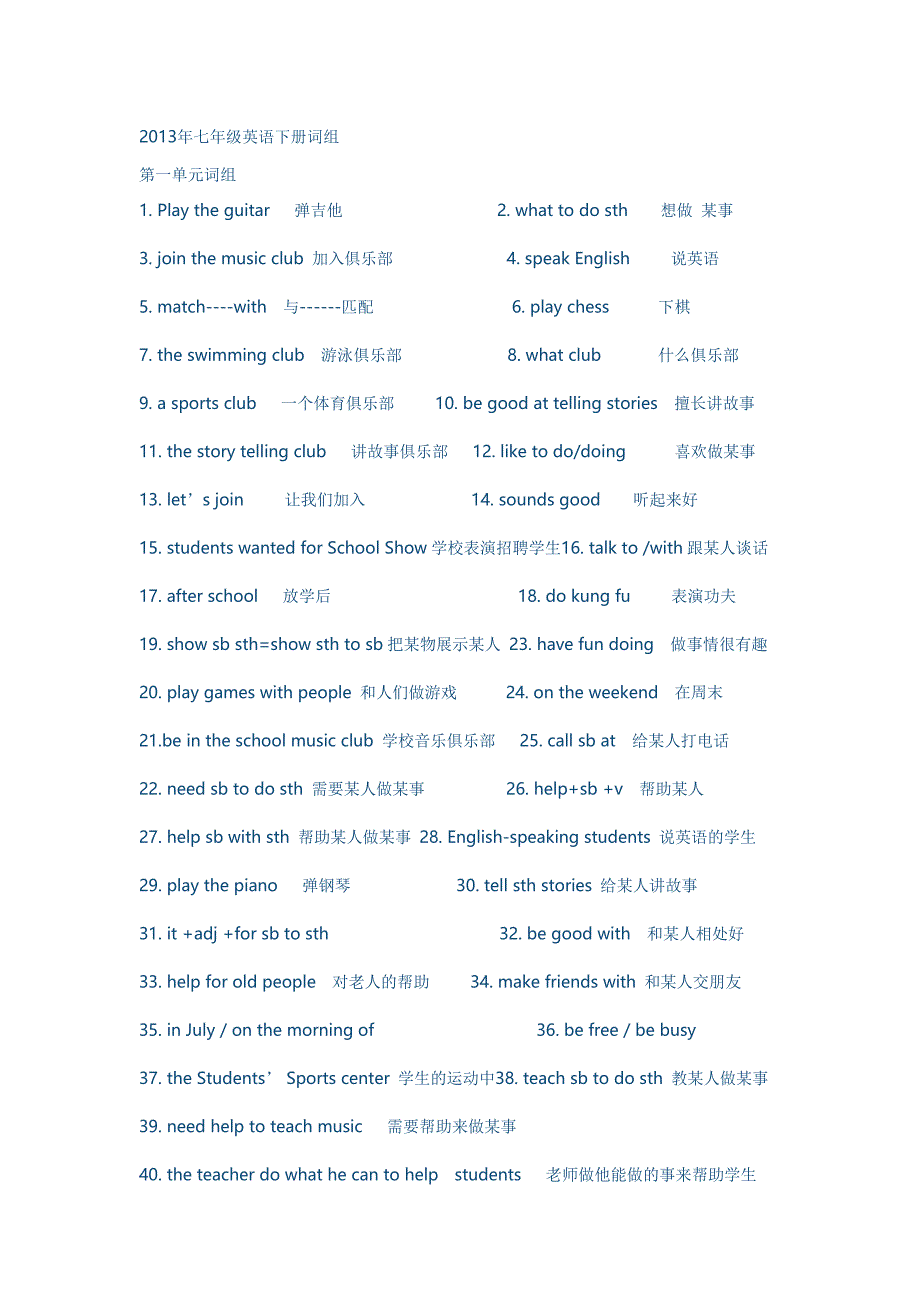 2013年七年级英语下册词组_第1页