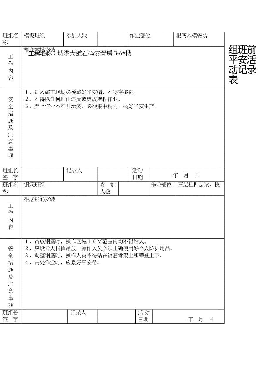 班组班前安全活动记录表(八)_第5页