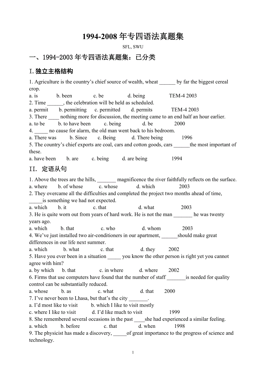 历年专四语法真题总结_11-04-09版_附答案_第1页