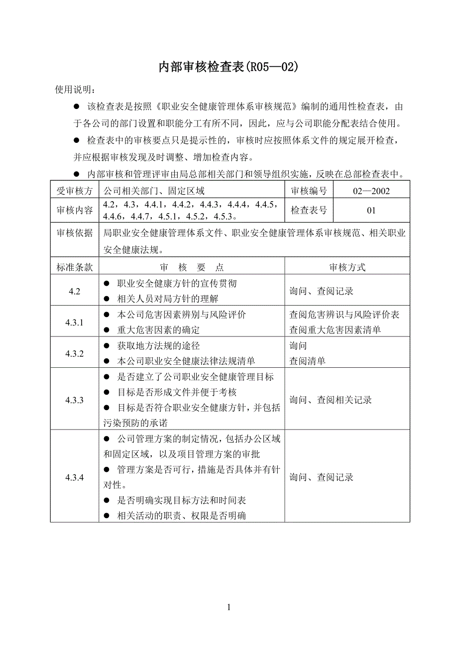 职业安全健康管理体系内审检查表.doc_第1页