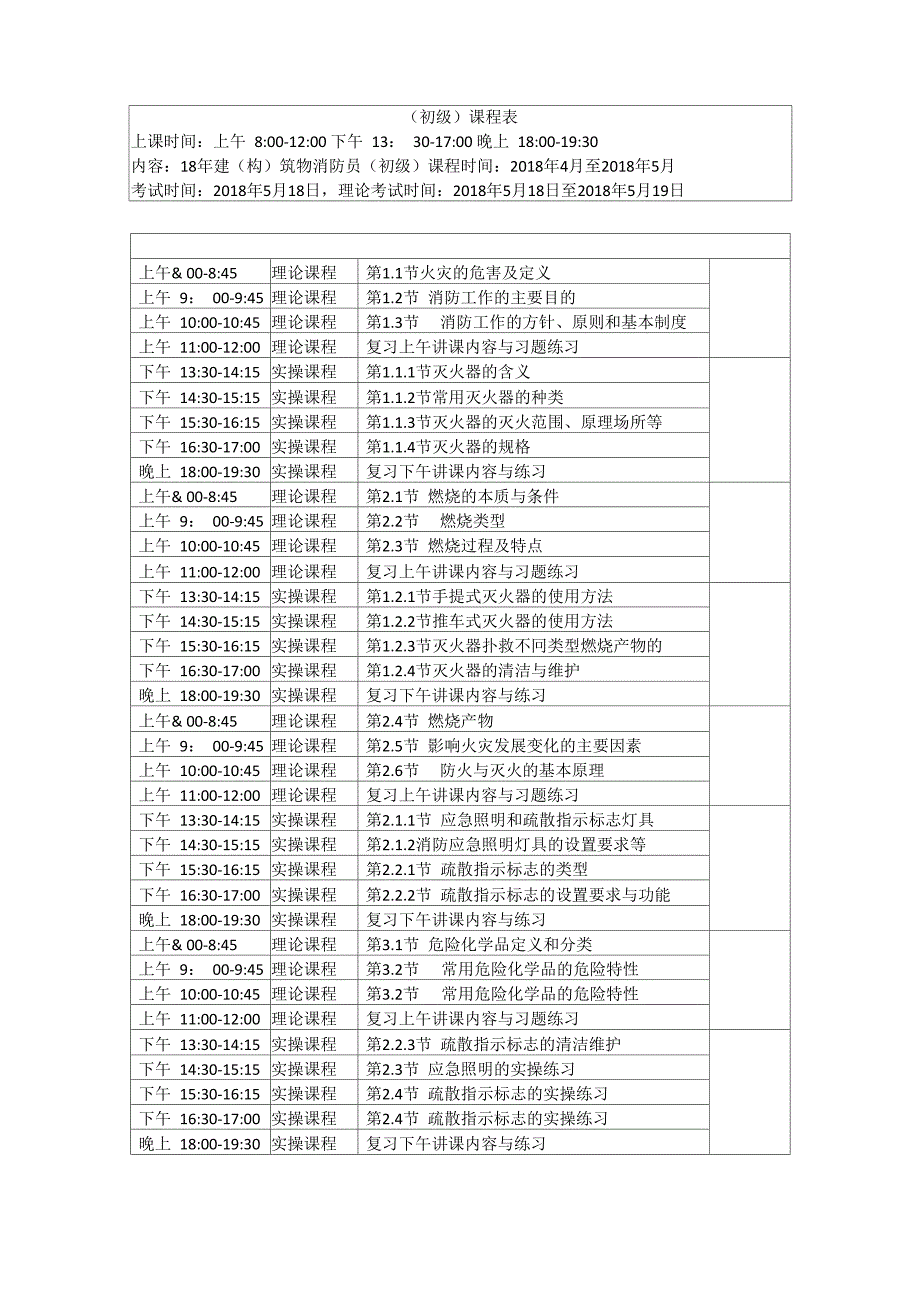 消防学校初级建筑消防员学校课程表_第1页