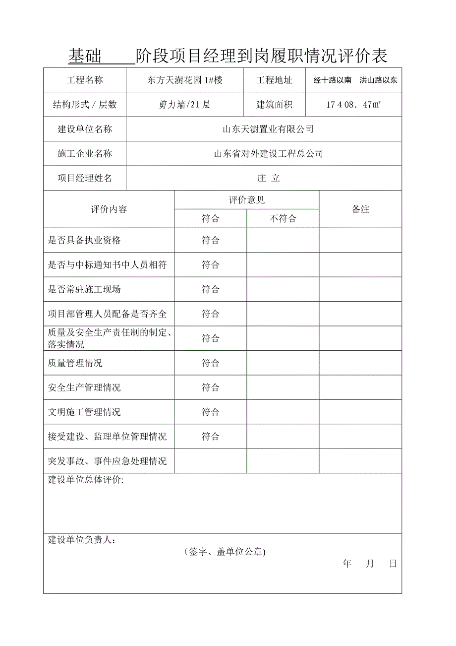 主体阶段项目经理到岗履职情况评价表_第1页