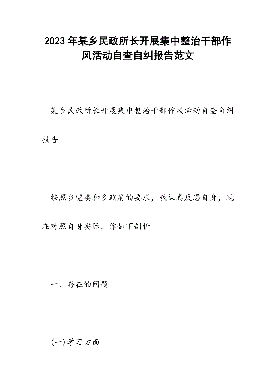 2023年x乡民政所长开展集中整治干部作风活动自查自纠报告.docx_第1页