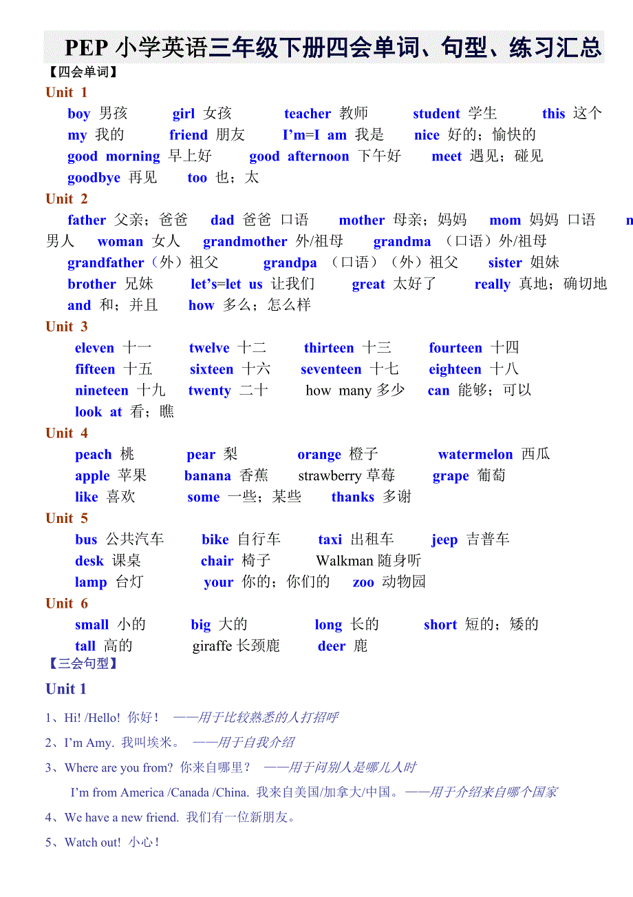 PEP小学英语三年级下册四会单词、句型、练习汇总_第1页
