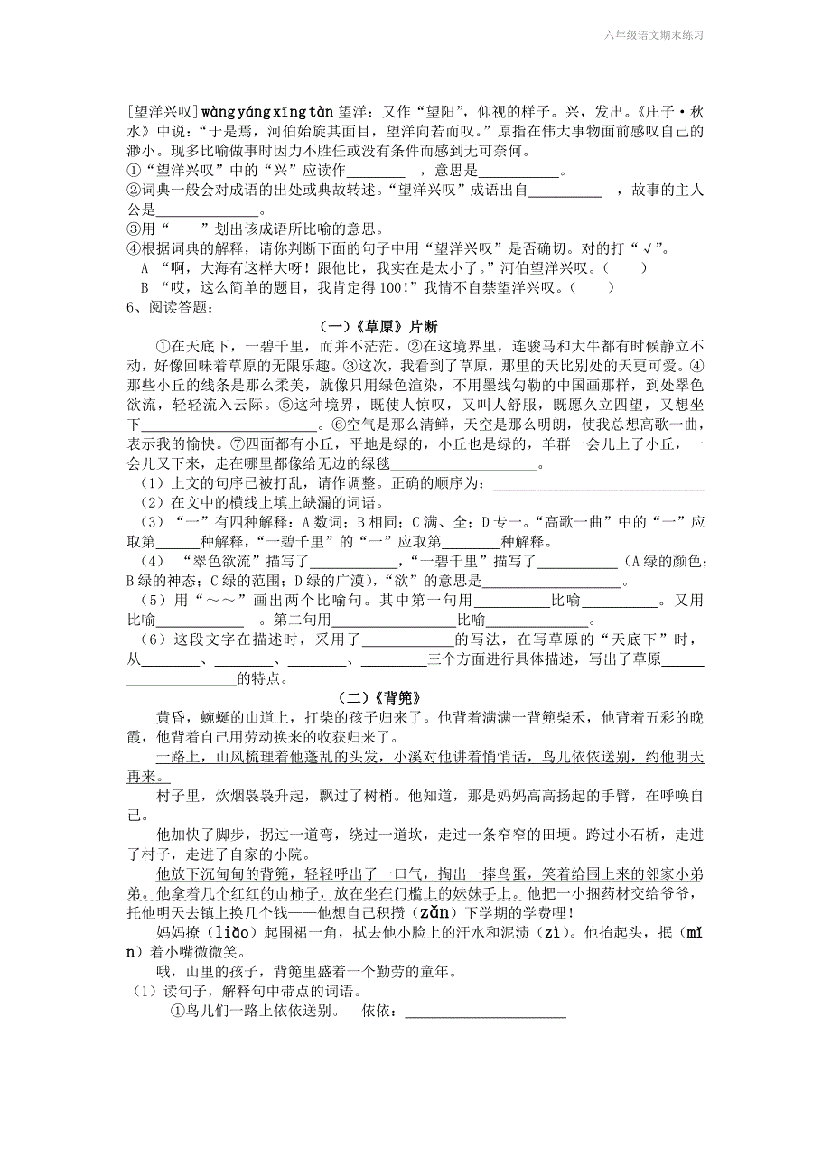 六年级语文期末练习_第3页