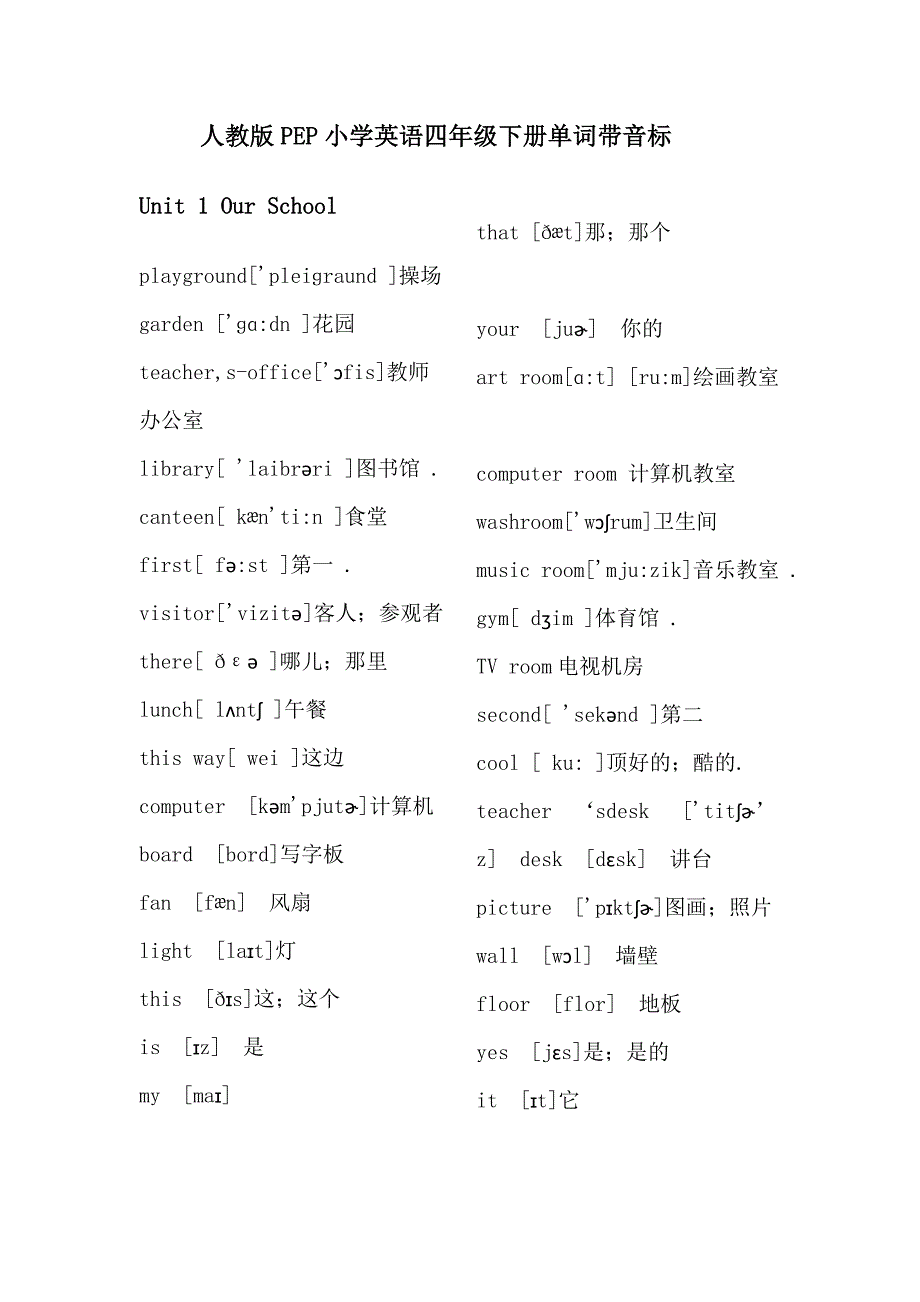 人教PEP英语四年级下册单元词汇表_第1页