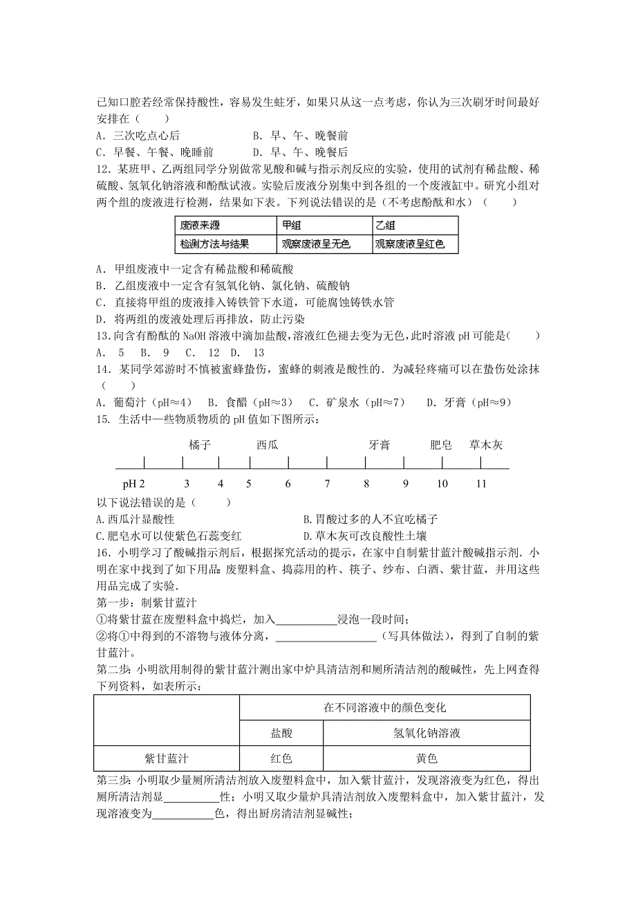 九年级化学全册 第二单元 常见的酸和碱 第三节 溶液的酸碱性（1）同步测试 鲁教版五四制.doc_第2页