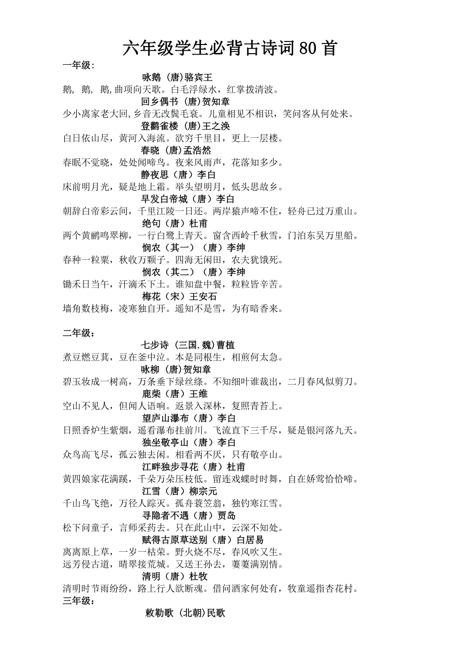 六年级学生必背古诗词80首_第1页