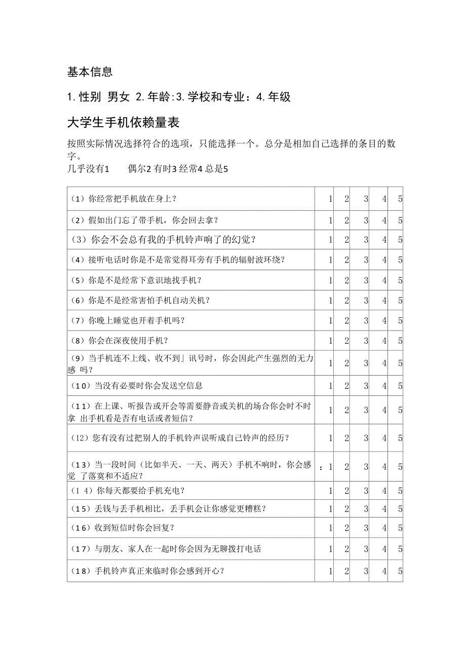 大学生手机依赖量表_第1页