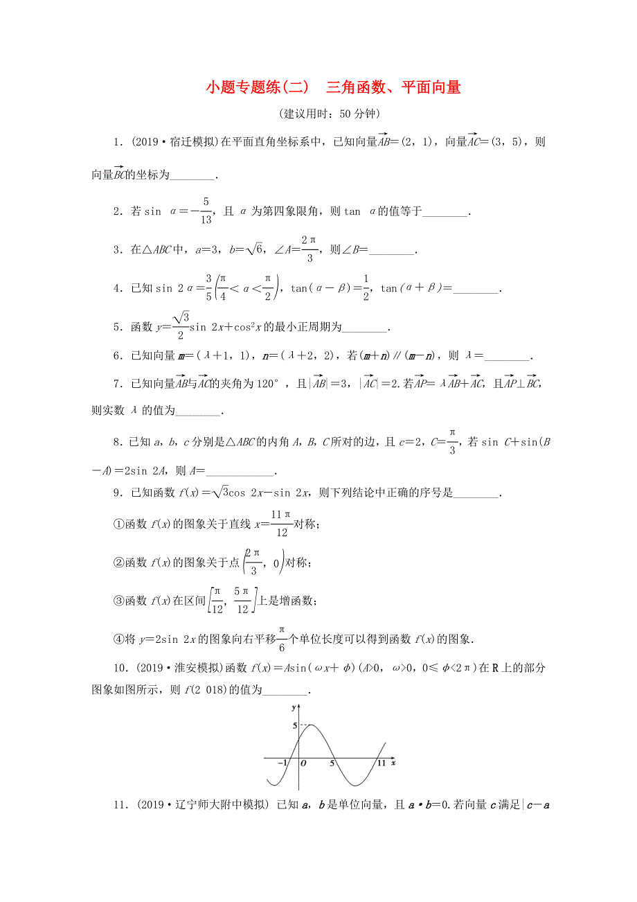 （江苏专用）高考数学三轮复习 小题专题练（二）三角函数、平面向量 文 苏教版-苏教版高三数学试题_第1页