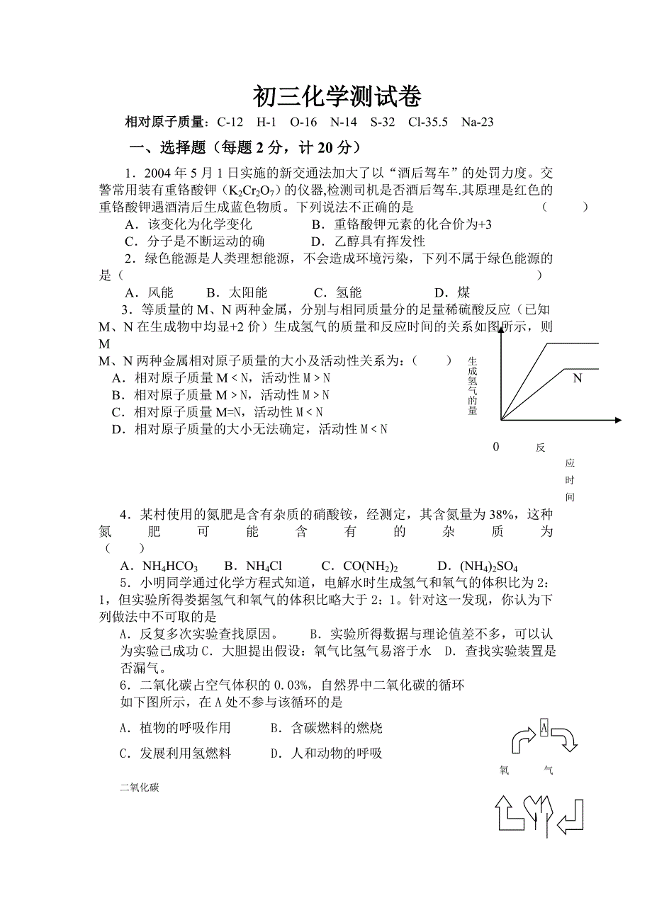 初三化学测试卷_第1页