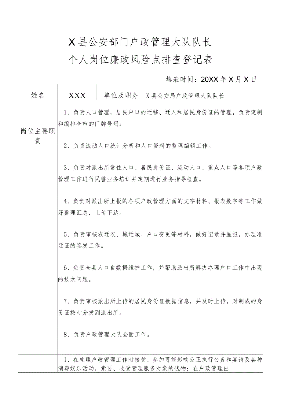 X县公安部门户政管理大队队长个人岗位廉政风险点排查登记表_第1页