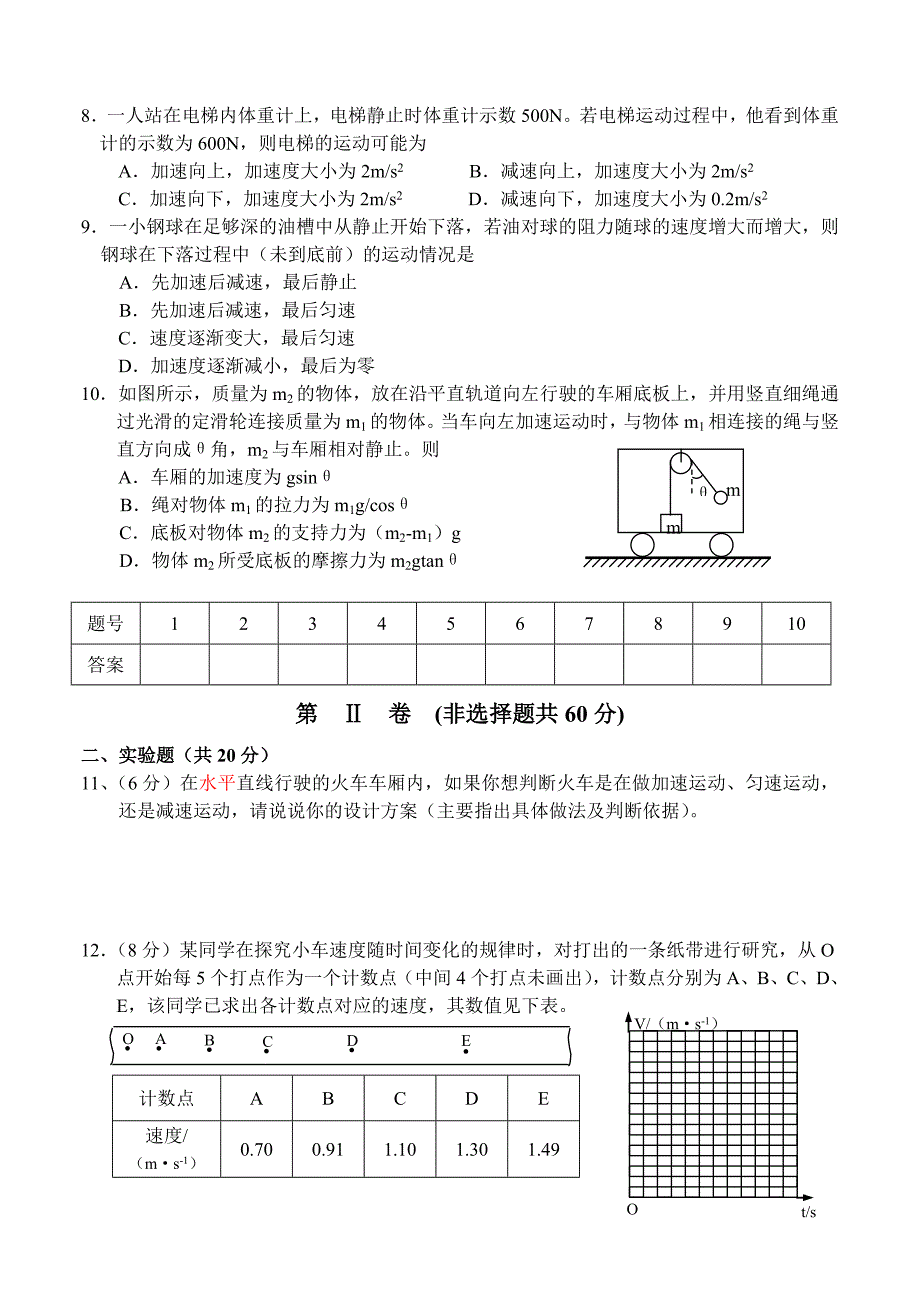 高一物理 假期自测 新人教版必修1_第2页