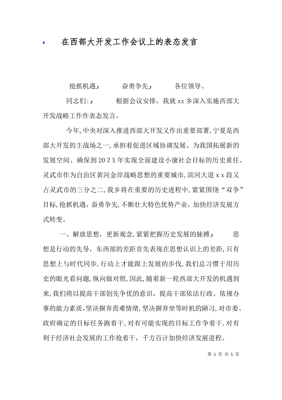 在西部大开发工作会议上的表态发言_第1页