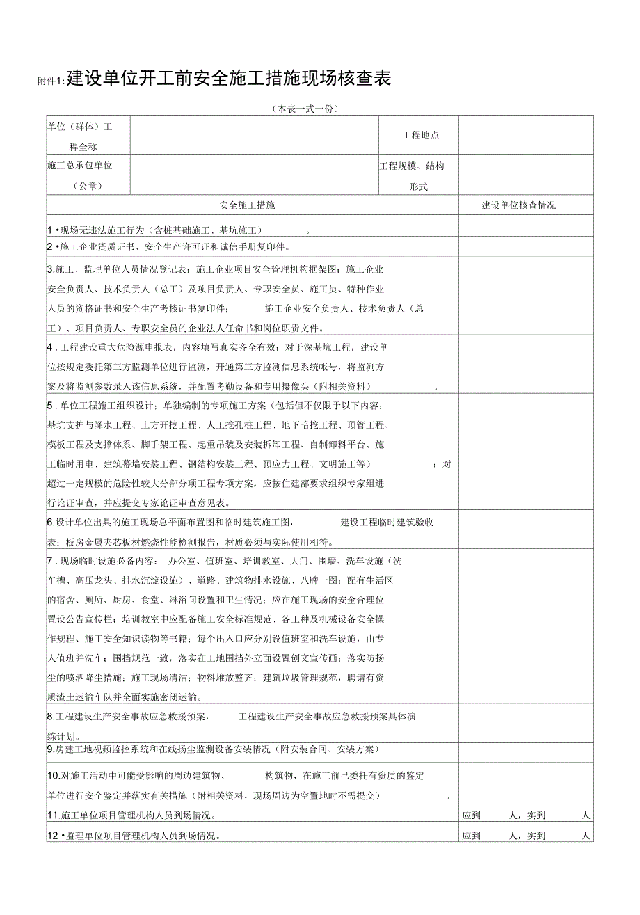 建设单位开工前安全施工措施现场核查表_第1页