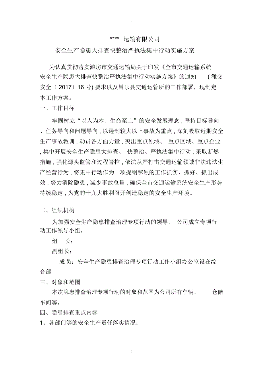 运输公司安全隐患大排查整治行动方案_第1页