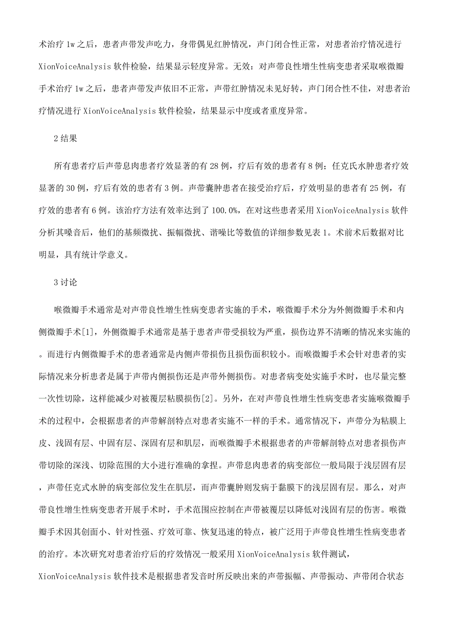 声带良性增生性病变患者喉微瓣手术后嗓音声学的临床疗效分析.docx_第2页