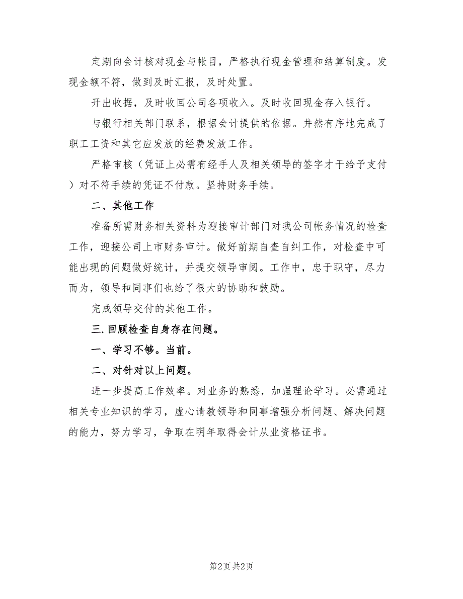 2022年财务出纳情况总结范文汇报_第2页
