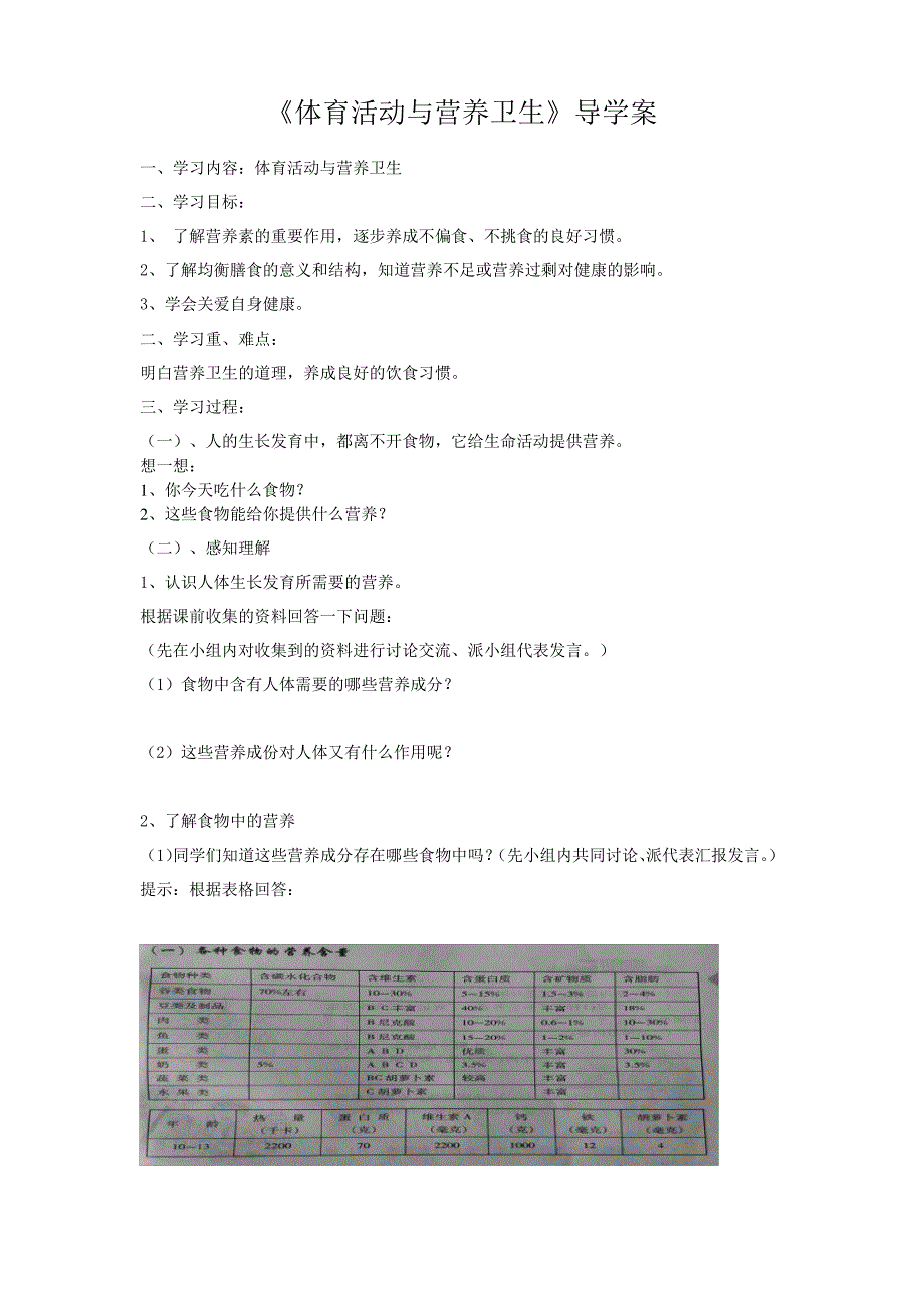 小学体育3体育活动与营养卫生教学设计学情分析教材分析课后反思_第1页