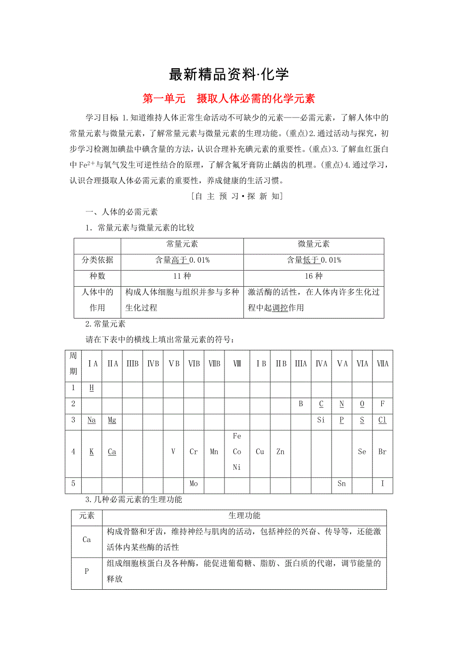 最新高中化学专题2营养均衡与人体降第1单元摄取人体必需的化学元素学案苏教版选修1_第1页