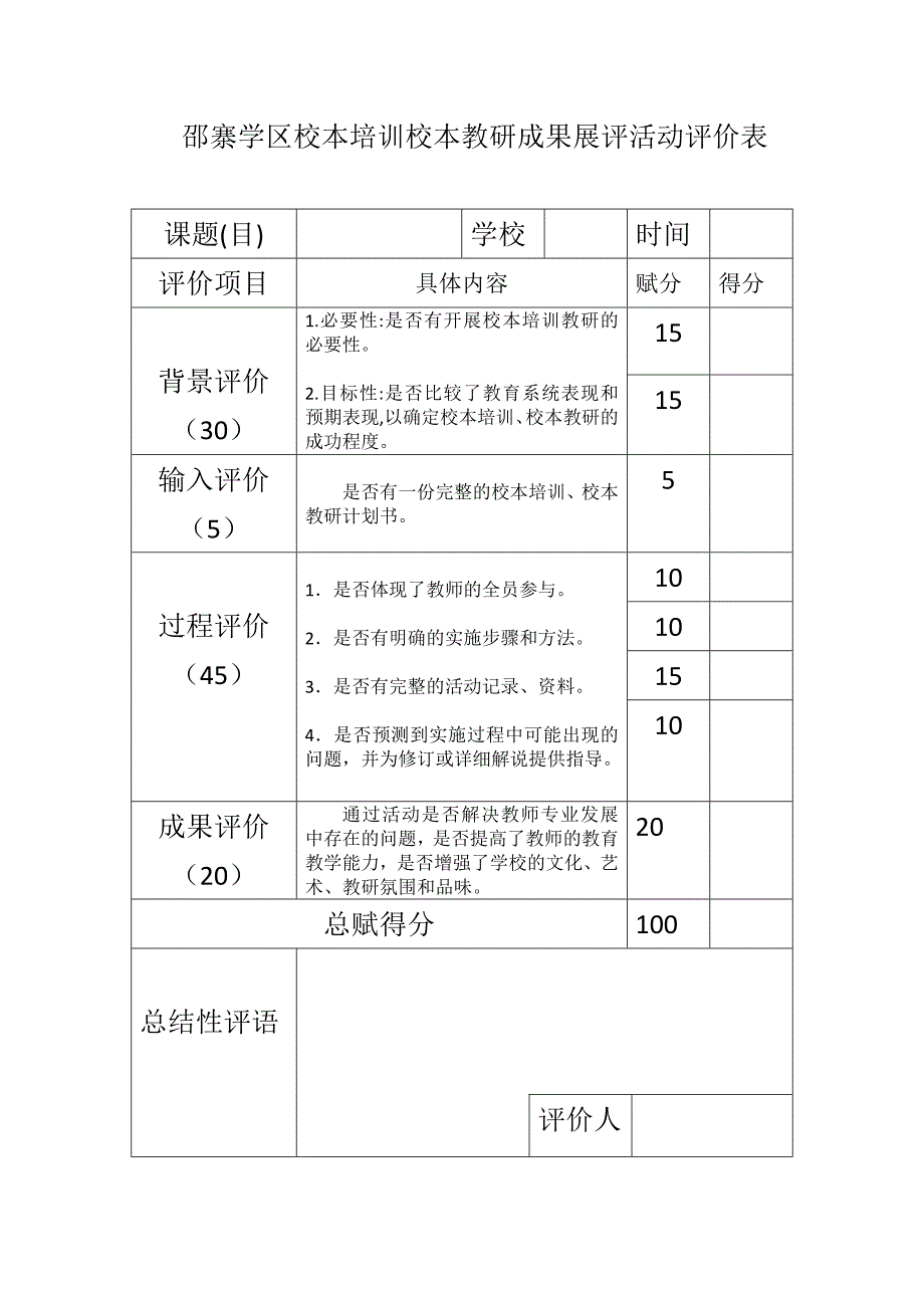 校本培训校本教研成果展评活动评价表_第1页