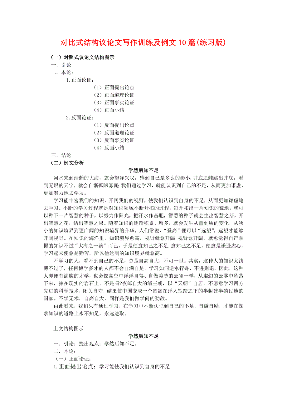 对比式结构议论文写作训练及例文10篇(练习版).docx_第1页