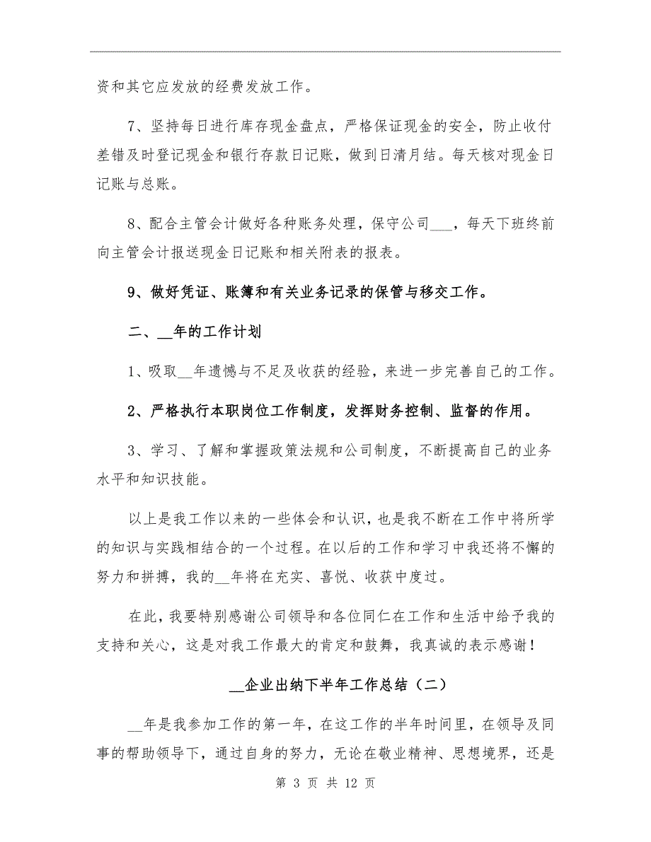 2022年企业出纳下半年工作总结_第3页