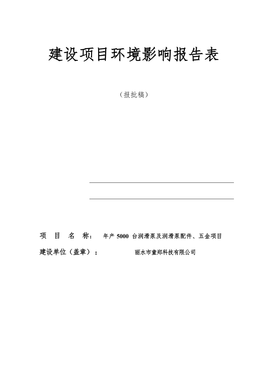 丽水市童郑科技有限公司年产 5000 台润滑泵及润滑泵配件、五金项目环境影响报告表.docx_第1页