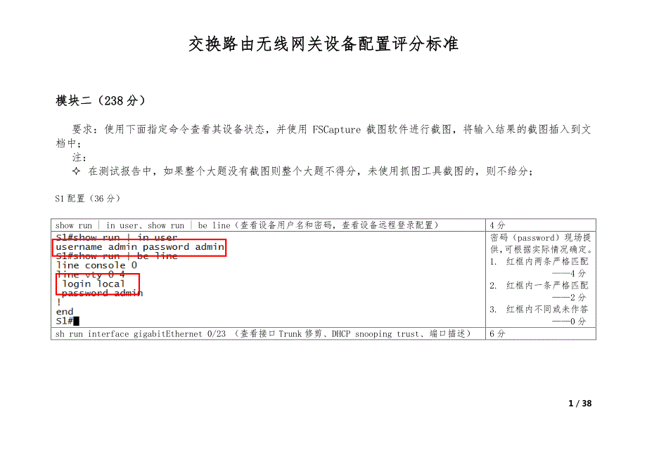 计算机网络应用-交换路由无线网关设备配置评分标准_第1页