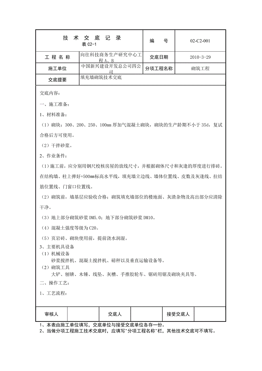 生产研究中心工程填充墙砌筑技术交底_第1页