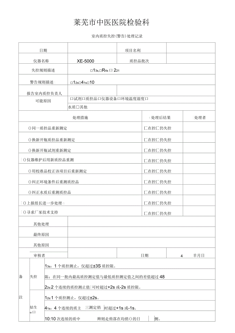 室内质控失控(警告)处理记录_第1页