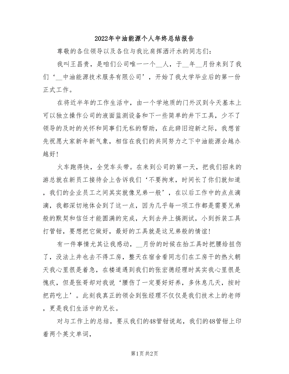 2022年中油能源个人年终总结报告_第1页